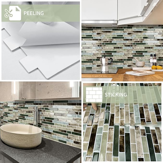 10 Sheets Thick Peel and Stick Kitchen Backsplash Tiles | 3D Waterproof Self Adhesive Wall Tile Stick on Backsplash for Kitchen,Bathroom and Fireplace(Mixed Green,12"×12")