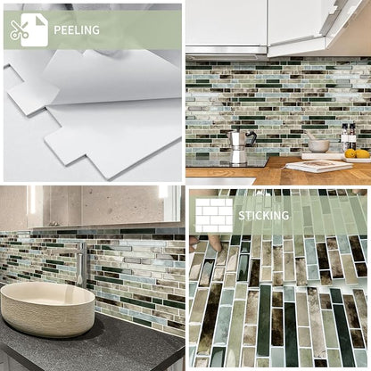 10 Sheets Thick Peel and Stick Kitchen Backsplash Tiles | 3D Waterproof Self Adhesive Wall Tile Stick on Backsplash for Kitchen,Bathroom and Fireplace(Mixed Green,12"×12")