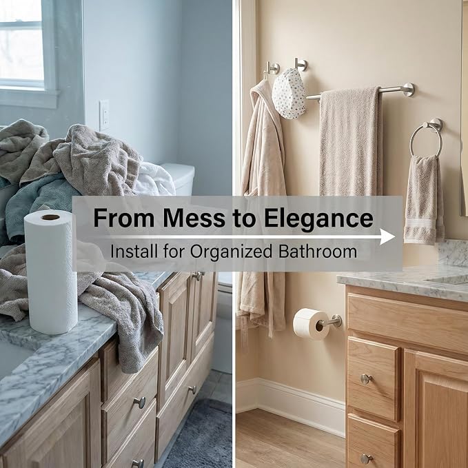 5-Piece Bathroom Hardware Set, Brushed Nickel SUS304 Stainless Steel Bathroom Accessories, 24" Towel Bar, Toilet Paper Holder, Towel Ring & 2 Robe Hooks, Wall Mounted, Rustproof Modern Design