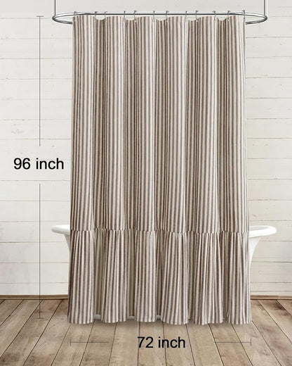 Farmhouse Shower Curtain Ruffle Linen Cream-Brown Stripe 72"W x 96"L | Farmhouse Boho, Striped, Bottom Ruffle, Linen Fabric, Rustic, Country, Natural Look, Washable, for Bathroom Bathtub