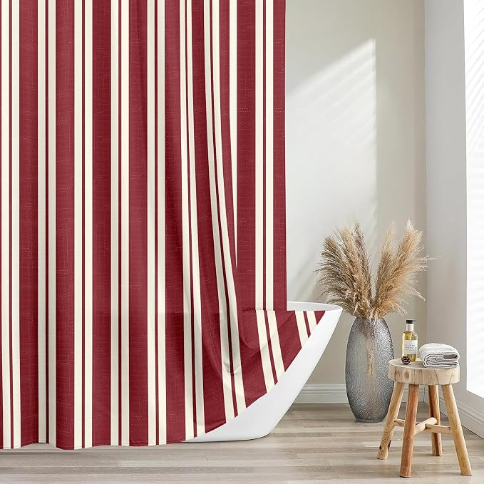 Tititex Cute Candy Cane Striped 140gsm Faux Linen Fabric Shower Curtain, Elegant Classic Burgundy Red Shower Curtain Sets Decoration 72x72 Inch with Hooks