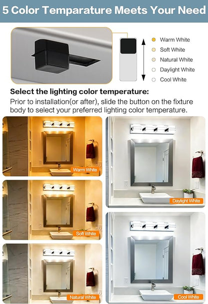 SOLFART Chrome Vanity Lights for Bathroom Above Mirror,4 Light Bathroom Light Fixtures, LED Lighting Fixture, Nickel Vanity Light,5 Color Temperature Adjustable Light Over Mirror