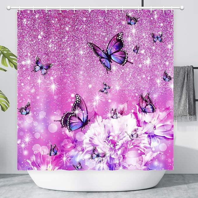 Modern Shower Curtain, Flower Butterfly Shower Curtain Purple Shower Curtain Sets Waterproof Polyester Fabric Machine Washable Home Farmhouse Office Decor Bath Curtains