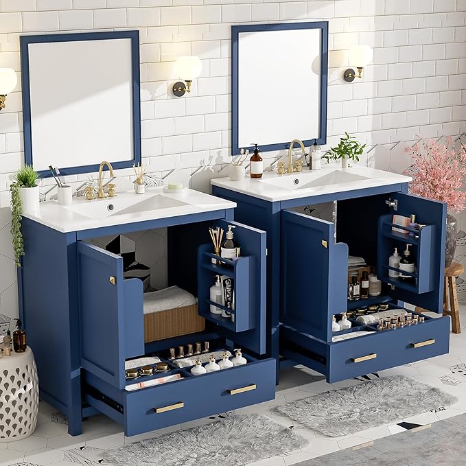 60" Blue Bathroom Vanity with Double Sink, 60 Inch Bathroom Vanity Set with Double Vanities (Separate), 2 Bathroom Vanities with Sink, Storage Shelf, and Divided Drawers (Mirror not included)