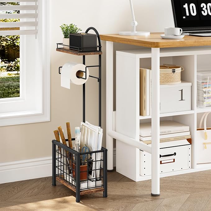 Toilet Paper Holder Stand, Freestanding Toilet Paper Holder with Shelf & Basket, Bathroom Tissue Organizer for Small Space, 3-Tier Storage for Bath Toilet Office Rustic Brown and Black TTS70BF