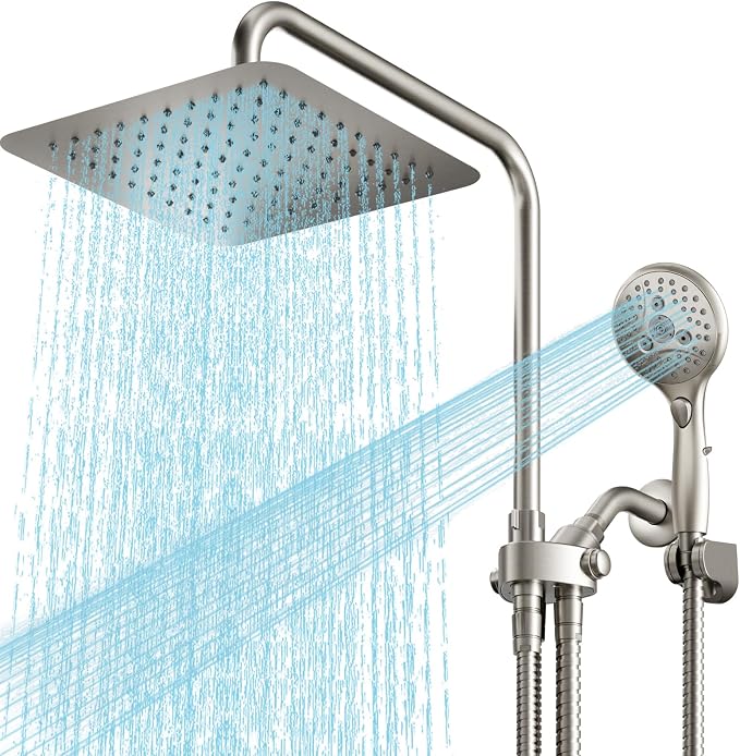 VXV 10 Inch Big Square Rain/Rainfall Shower Head with Adjustable Height, High Pressure 7 Modes Shower Head with Handheld Spray, Brushed Nickel Dual Shower Head Combo with 71" Hose, 360° Rotation (BN)