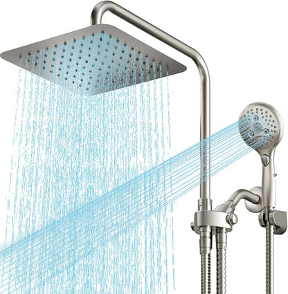 VXV 10 Inch Big Square Rain/Rainfall Shower Head with Adjustable Height, High Pressure 7 Modes Shower Head with Handheld Spray, Brushed Nickel Dual Shower Head Combo with 71" Hose, 360° Rotation (BN)