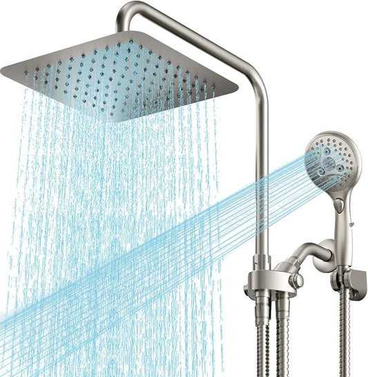 VXV 10 Inch Big Square Rain/Rainfall Shower Head with Adjustable Height, High Pressure 7 Modes Shower Head with Handheld Spray, Brushed Nickel Dual Shower Head Combo with 71" Hose, 360° Rotation (BN)