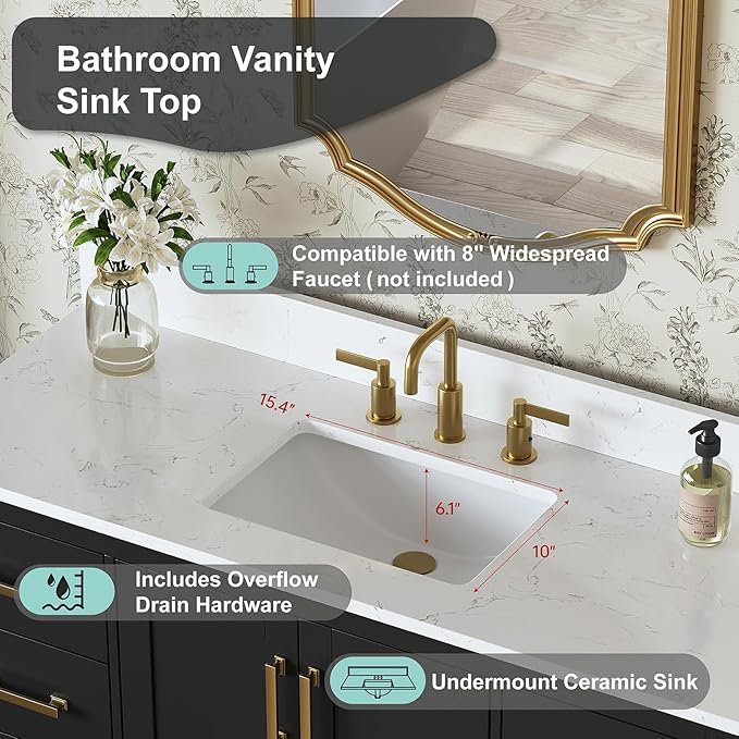 48 Inch Black Bathroom Vanity with Sink, Fully Assembled Bathroom Vanities Storage Cabinet with 2 Soft Close Doors & 7 Fully Extendable Drawers, Carrara Engineered Stone Top, Backsplash