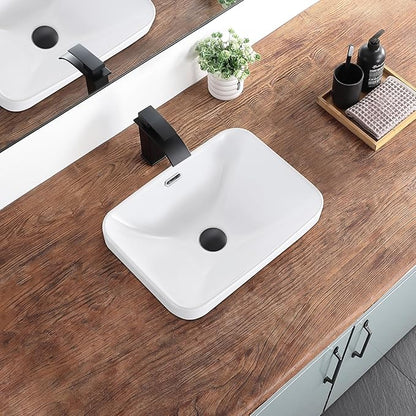 Bathroom Vessel Sink 18.2'' x 13.3'' Small Semi Recessed Bathroom Sink Rectangular Drop In Sink with Overflow White Ceramic Modern Vessel Sinks for Bathroom