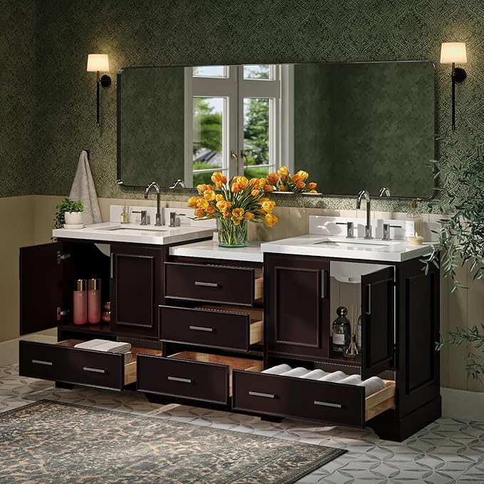 ARIEL Stafford 84-inch Bathroom Vanity with Sink,Solid Wood, 1.5in Pure White Quartz Countertop & Backsplash, Double Rectangular Porcelain Sink, 4 Soft Closing Doors, 5 Dovetail Drawers, Espresso