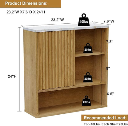 Bathroom Cabinet Wall Mounted Fluted, Modern Medicine Cabinet Over The Toilet Storage Cabinet Faux Marble Top with Adjustable Shelf, Wood Wall Mounted Storage Cabinet Organizer(Oak, Medium)
