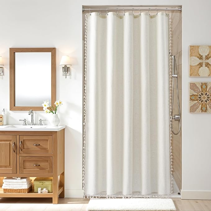 Stall Natural Boho Linen Shower Curtain Vintage Country Textured Tassel Shower Curtain Set with Hooks 54 Inches Wide Modern Neutral Farmhouse Cottage Curtain for Bathroom 54x78, Cream