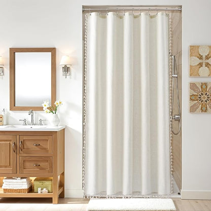 Stall Natural Boho Linen Shower Curtain Vintage Country Textured Tassel Shower Curtain Set with Hooks 54 Inches Wide Modern Neutral Farmhouse Cottage Curtain for Bathroom 54x78, Cream