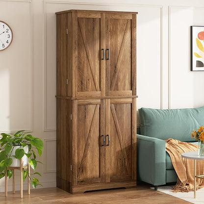 Shintenchi Kitchen Pantry Cabinet, Farmhouse Tall Cupboard, Rustic Brown | Freestanding, with 8 Door Shelves, 2 Cabinets and 1 Drawer, for Kitchen, Living Room, Dining Room and Bathroom