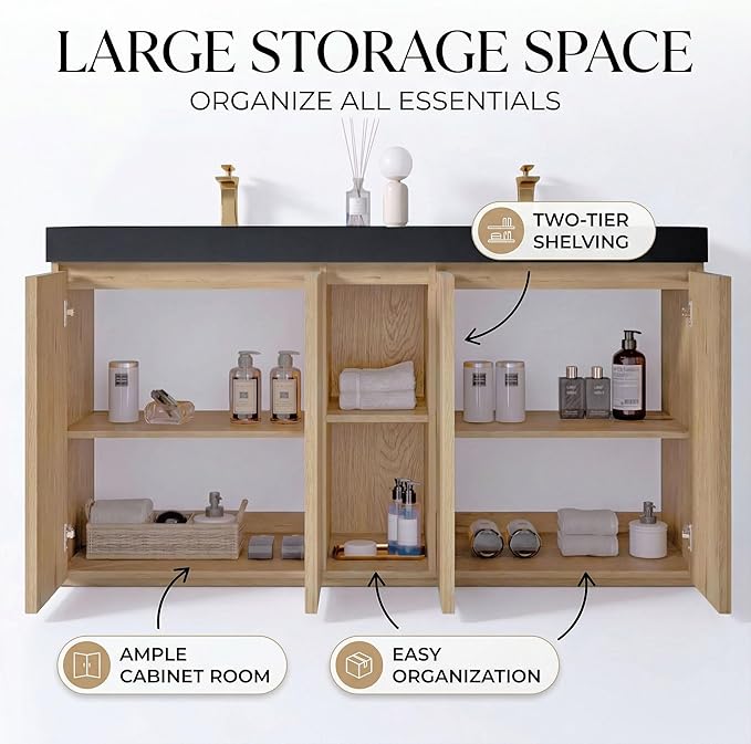 60" Double Bathroom Vanity with Sink Combo, Mid Century Modern Bathroom Cabinet with Doors & Shelves, Matte Black Integrated Sink with Overflow, Light Oak