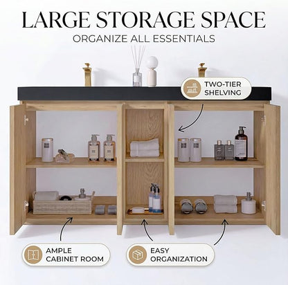 60" Double Bathroom Vanity with Sink Combo, Mid Century Modern Bathroom Cabinet with Doors & Shelves, Matte Black Integrated Sink with Overflow, Light Oak