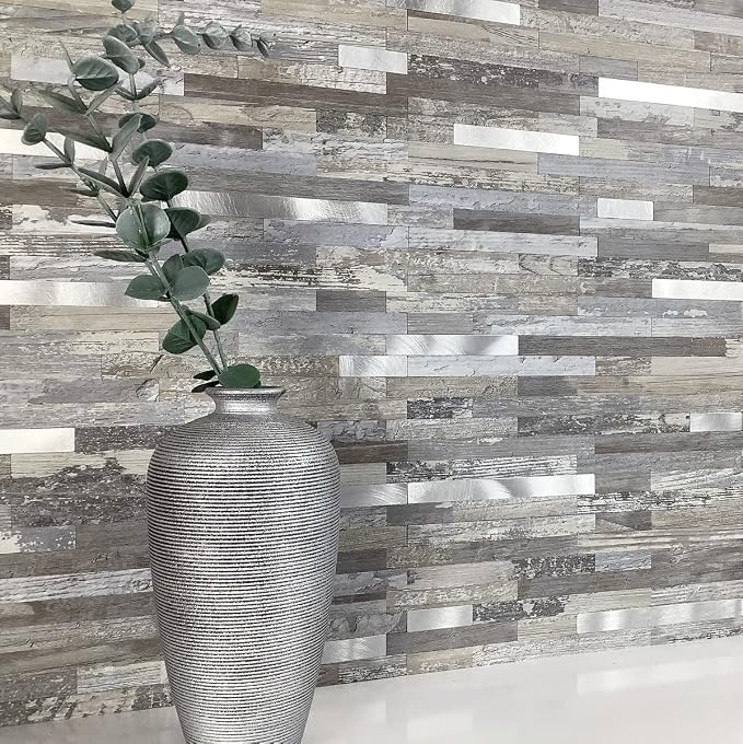 AULIGET 2-Sheet Peel and Stick Backsplash Wall Tiles, Distressed Wood Look PVC Wall Tiles Stick on Backsplash