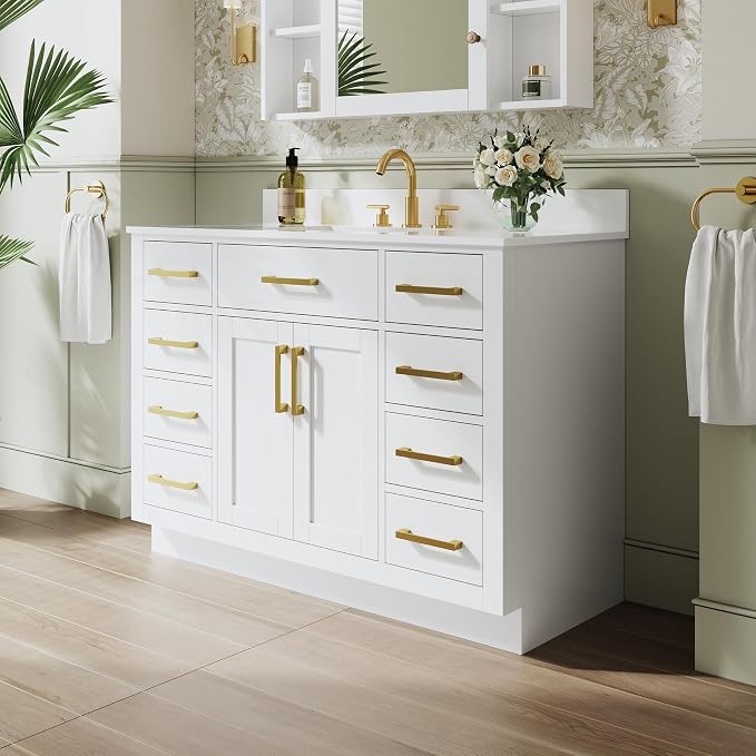 48-Inch Bathroom Vanity with Sink W/ 2 Doors & 8 Drawers & 1 Flip Drawer, White Vanity W/Brushed Gold Handles