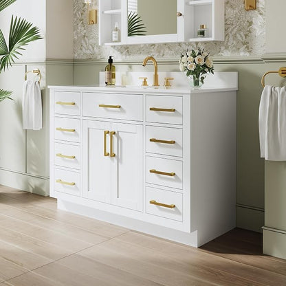 48-Inch Bathroom Vanity with Sink W/ 2 Doors & 8 Drawers & 1 Flip Drawer, White Vanity W/Brushed Gold Handles