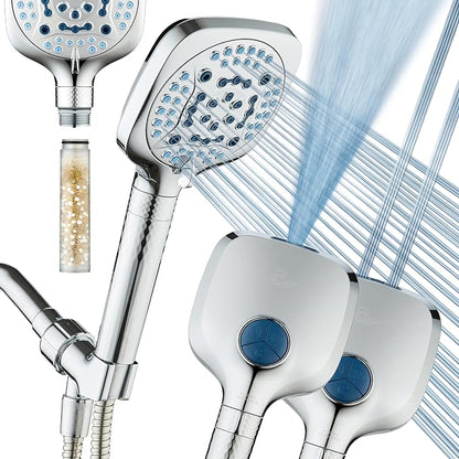 AquaCare 4X 10-Mode High Pressure Hand Shower w/Filter & 2-mode Power Wash | Filters Chlorine & Toxins, Softens Hard Water for Healthy Skin & Hair. Handheld Power Head Cleans Tub, Tile & Pets / Chrome