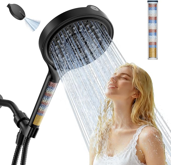 Handheld Filtered Shower Head, 6 Inch High Pressure Hand held Shower Head with Filters for Hard Water, 6 Spray Modes Detachable Showerhead with Hose, Matte Black