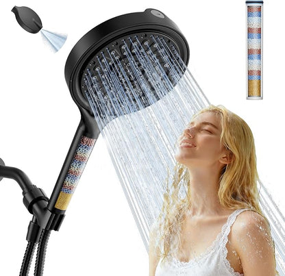 Handheld Filtered Shower Head, 6 Inch High Pressure Hand held Shower Head with Filters for Hard Water, 6 Spray Modes Detachable Showerhead with Hose, Matte Black