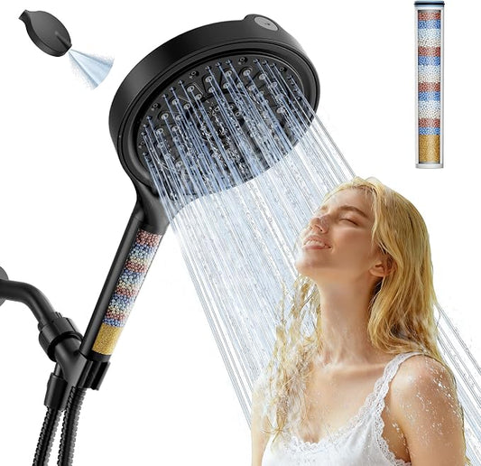 Handheld Filtered Shower Head, 6 Inch High Pressure Hand held Shower Head with Filters for Hard Water, 6 Spray Modes Detachable Showerhead with Hose, Matte Black