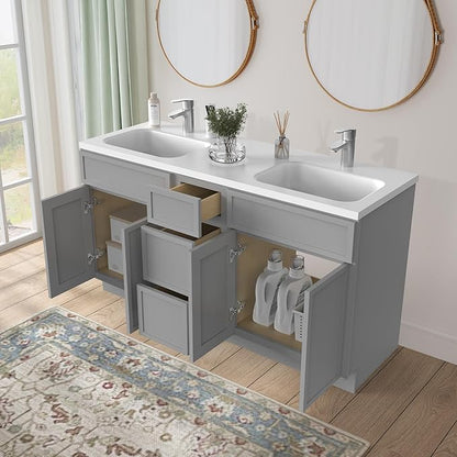 HomeBeyond 60 Inches Bathroom Vanity Base Cabinet Without Sink, Double Sink Top Sturdy Floor Mounted Cabinet with Door & Soft Closing Drawers,Grey, VA4124-2+VA4112-3