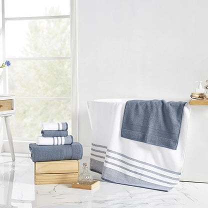 Modern Threads 6-Piece Towel Set – 100% Cotton, Quick Dry, Ultra Absorbent – Includes 2 Bath, 2 Hand, 2 Washcloths (White/Reinhart Blue)