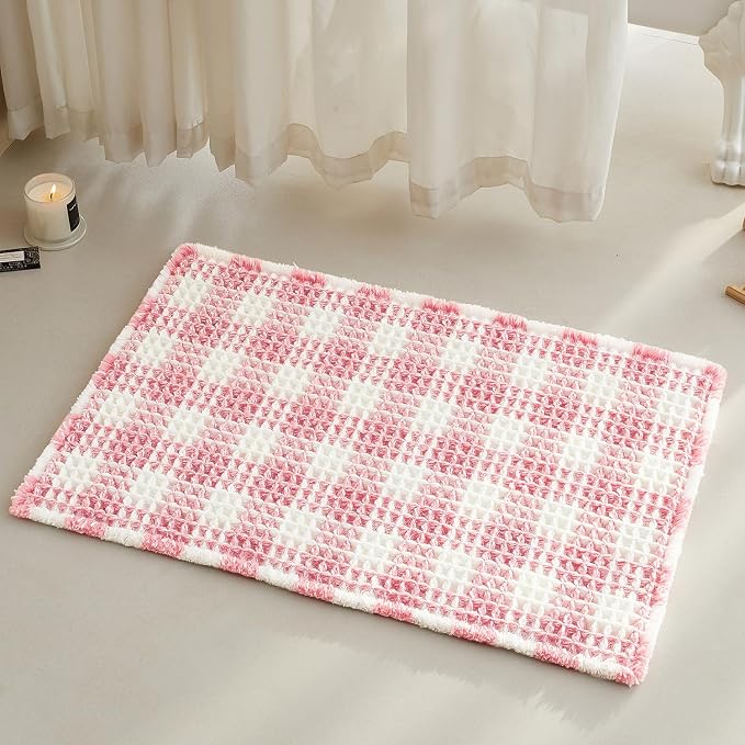 TYUU Waffle Bath Mat, Cute Bathroom Rugs Non Slip, 30x20 Pink & White | Super Absorbent Quick Dry Bath Rug, Non-Slip Backing, Soft Waffle Washable Farmhouse Bathroom Mats, Tub, Shower & Home Decor