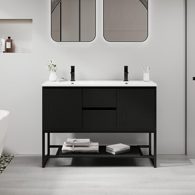 LUCKWIND 48" Modern Bathroom Vanity with Dual White Sink Combo, Freestanding Storage Cabinet with Metal Frame, Matte Black Faucet and Open Shelf and 2 Soft-Closing Door, Black