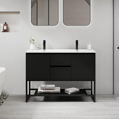 LUCKWIND 48" Modern Bathroom Vanity with Dual White Sink Combo, Freestanding Storage Cabinet with Metal Frame, Matte Black Faucet and Open Shelf and 2 Soft-Closing Door, Black