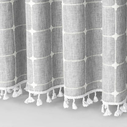 MitoVilla Grey Boho Extra Long Shower Curtain 72 x 84, Light Grey Modern Farmhouse 84 inch XL Polyester Linen Texture Tassel Fabric Shower Curtain Set with Hooks for Cottagecore Country Bathroom Decor