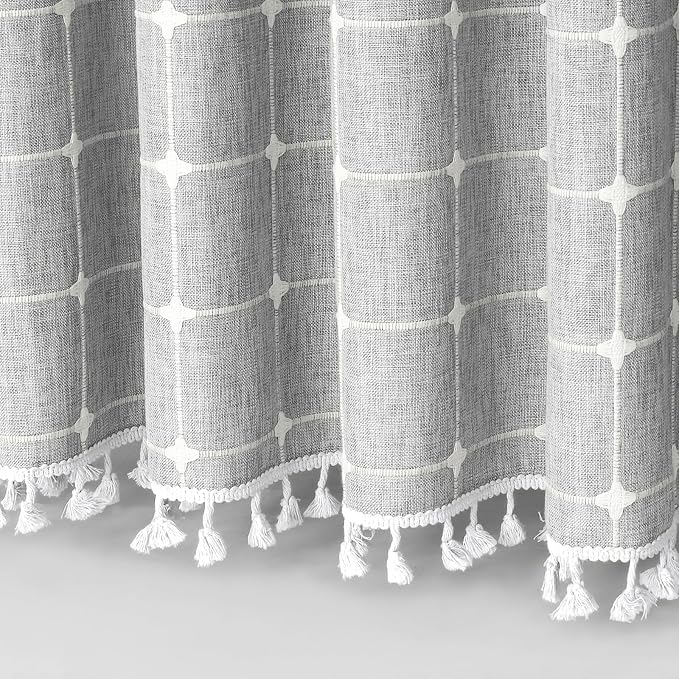 MitoVilla Grey Farmhouse Shower Curtain Set 72 x 78, Boho 78 inch Long Polyester Linen Tassel Fabric Shower Curtain Set for Chic Cottagecore French Rustic Bathroom Decor, Light Grey