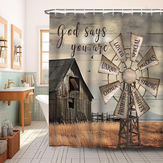 Western Barn Windmill Shower Curtain Sets for Bathroom,Rustic Inspirational Quotes Country Vintage Shower Curtains, Waterproof Farmhouse Bathroom Bathbub Decor Curtains with Hooks 60X70IN