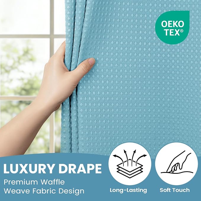 SORTTO No Hook Shower Curtain with Snap in Liner Set Waffle Shower Curtain for Bathroom Hotel Style Fabric Waterproof Inner Liner，71" W x 74" H, Cyan