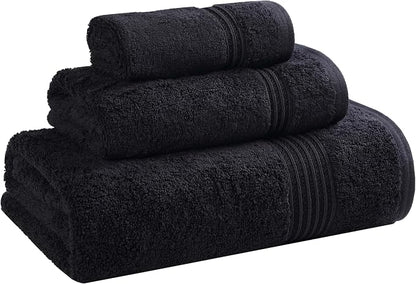 SUPERIOR Egyptian Cotton 3-Piece Towel Set, Basic Towels for Bathroom, Home Decor, Guest Bath, Shower, Apartment, Included 1 Face, 1 Hand, 1 Bath Towel, Washcloth, Quick Dry, Black