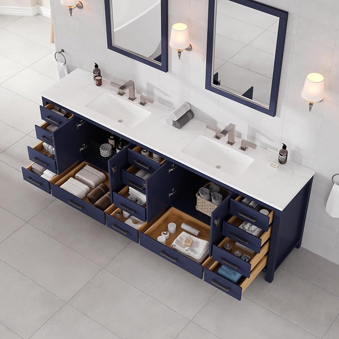Aberdeen 96 in. Blue Double Sink Bath Vanity with Carrara Quartz Top and Undermount Porcelain Sinks