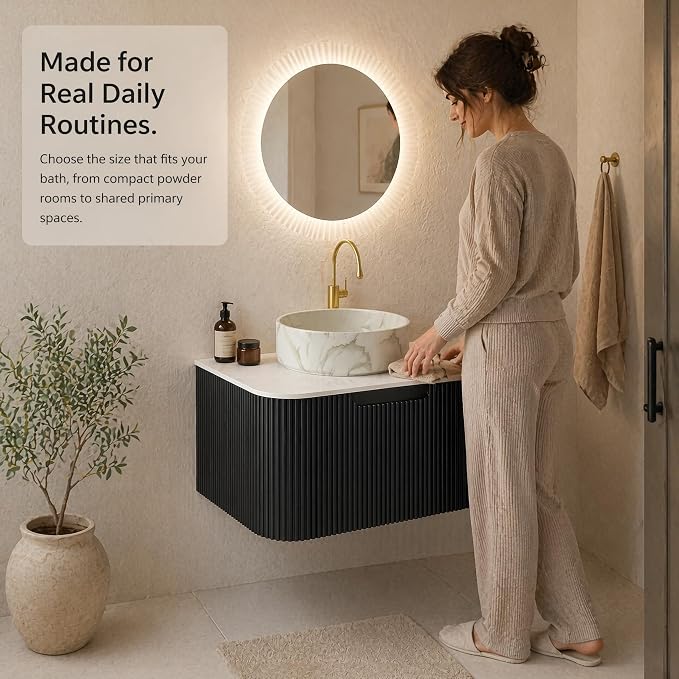 24 Inch Bathroom Vanity with Sink, Floating Wall Mounted Single Sink Vanity for Small Baths, Black Curved Fluted Front, Stone Top, Marble-Look Round Vessel Basin, Pre-Assembled