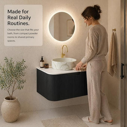 24 Inch Bathroom Vanity with Sink, Floating Wall Mounted Single Sink Vanity for Small Baths, Black Curved Fluted Front, Stone Top, Marble-Look Round Vessel Basin, Pre-Assembled