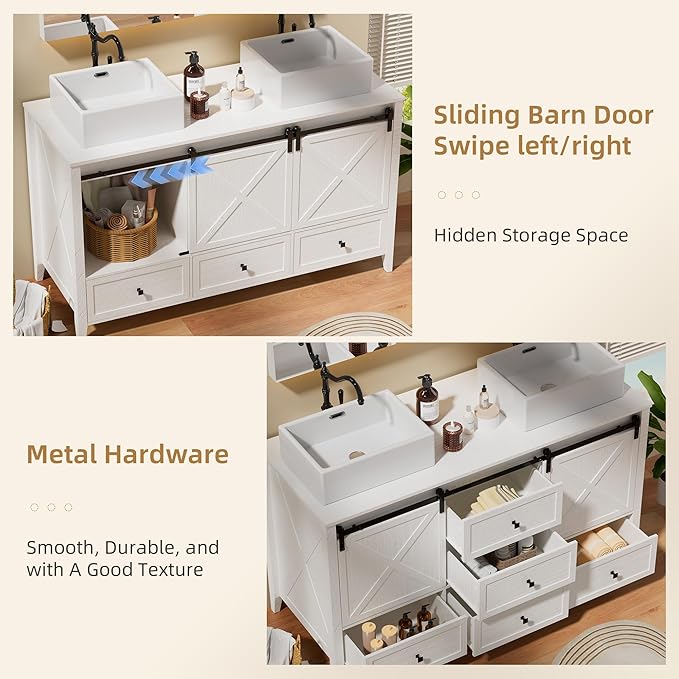 VNN Bathroom Vanity with Sink - 60 Inch Bathroom Vanity Double Sink Ceramic, Freestanding Cabinet with 2 Farmhouse Sliding Barn Doors and 5 Drawers, Space-Saving Storage Cabinet, White Wood Grain