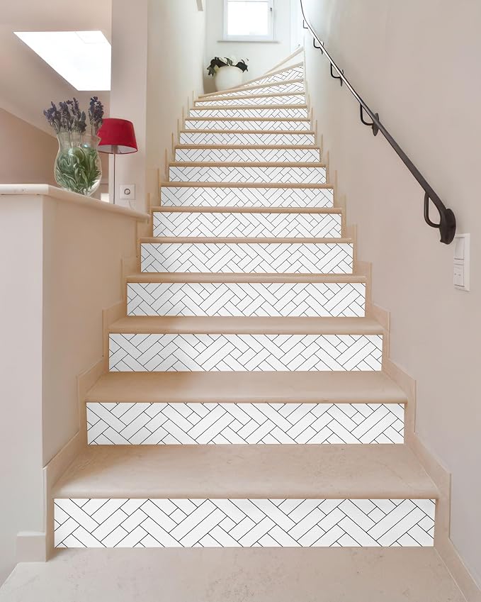FLFK Black Lines Stair Stickers - Set of 15, Peel and Stick Stair Riser Decals, 39.3"x7.08"