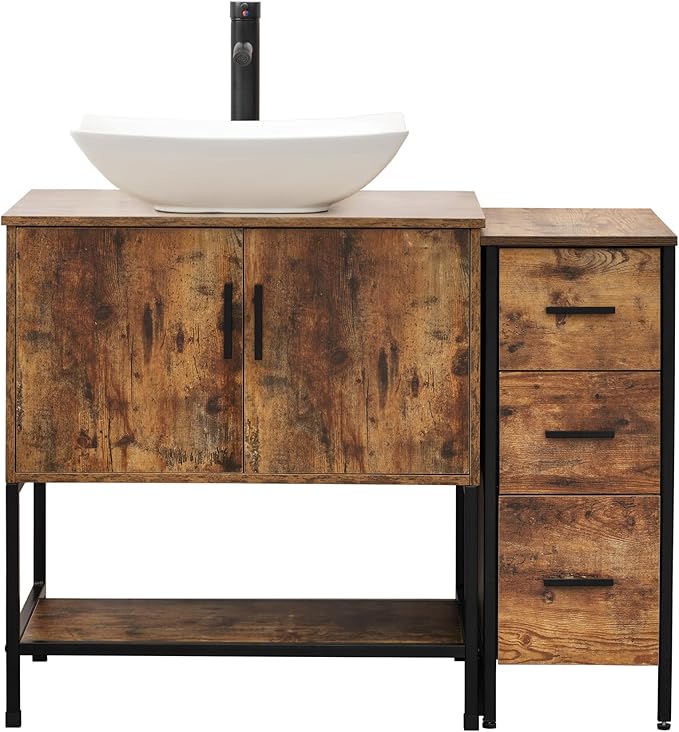 UEV 42" Rustic Brown Bathroom Vanity with Sink Combo,Industrial Iron Frame Bathroom Cabinet Sets with 3 Drawers Side Cabinet,Modern Artistic Ceramic Vessel Sink(032WH)