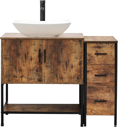 UEV 42" Rustic Brown Bathroom Vanity with Sink Combo,Industrial Iron Frame Bathroom Cabinet Sets with 3 Drawers Side Cabinet,Modern Artistic Ceramic Vessel Sink(032WH)