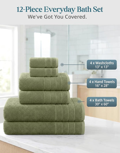Casa Platino Towel Set for Bathroom 12 Piece Soft Absorbent - Oil Green | Shower Towels - Oversized & Roomy, Lightweight & Breathable, Fade-Resistant Color, Classic Terry Weave, Densely Woven