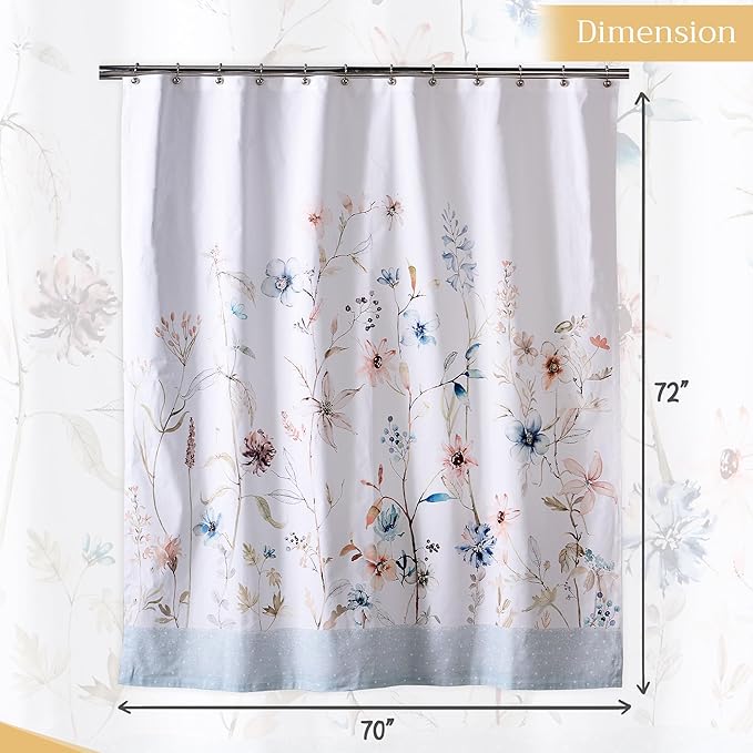 Maison d' Hermine Shower Curtain 100% Cotton One Panel 70"x72" Washable Fabric Shower Curtains for Bathroom, Easy Hanging with 12 Button Holes - Home Hotel Spa Easter Gifts (Ice Florals)
