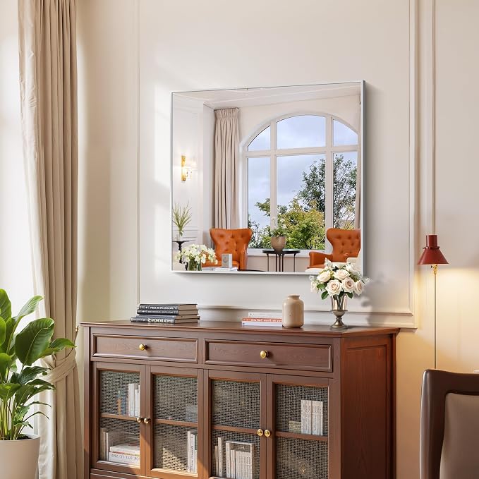 YIROMAN Bathroom Mirror 36"x36",Brushed Silver Bathroom Mirror for Over Sink with Aluminum Frame, Square Vanity Mirror with Right Angle, Wall Mirror Hangs Horizontal or Vertical