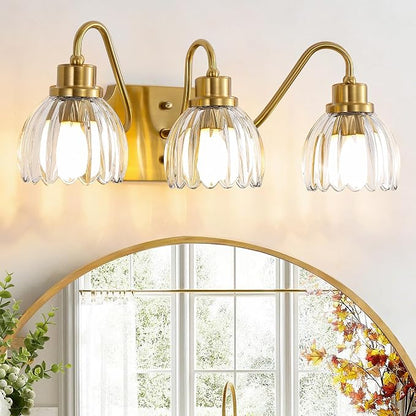3-Light Bathroom Vanity Light, Gold Vanity Light, Antique Brass Sconces with Tulip Glass Shade, Mid Century Hardwired Wall Sconces for Bedroom, Living Room, Hallway