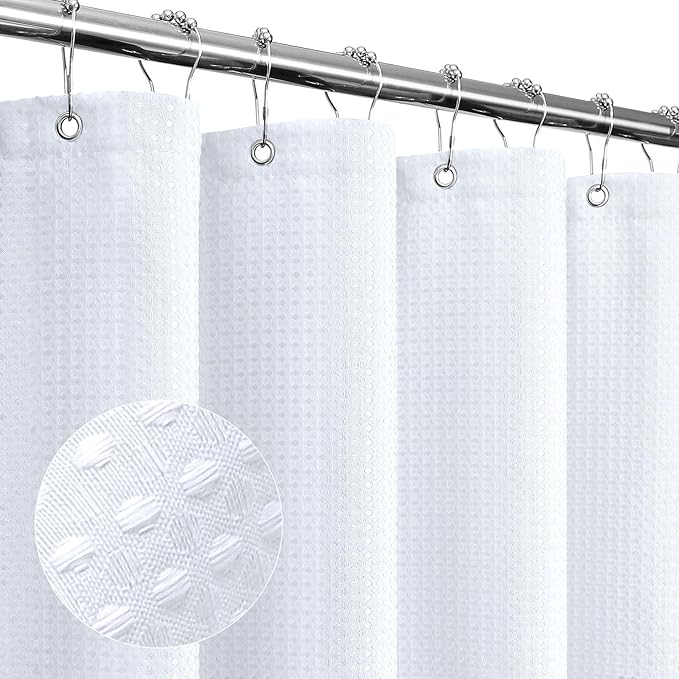 Small Stall White Fabric Shower Curtain, 36 x 72 | Narrow Half Cloth-Textured Shower Curtain for Bathroom, Water Repellent, Machine Washable